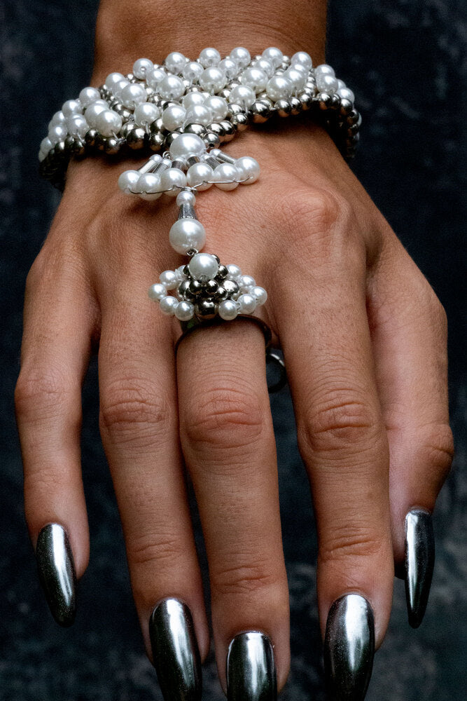 handcrafted beaded hand jewelry and ring from systethic Japanese pearl by object and dawn front