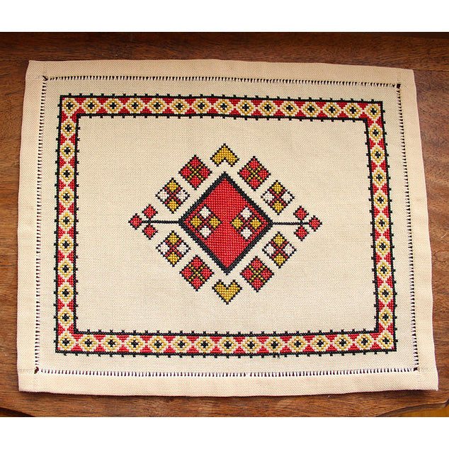 Mediterranean Folk Cross Stitch Kit - Anatolian Argyle Table Mat-Stitched Modern