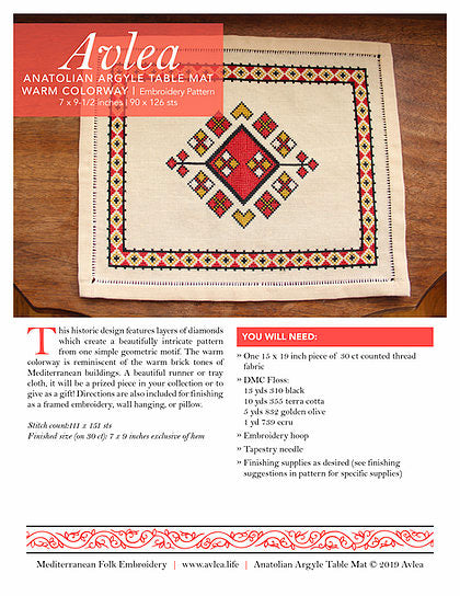 Mediterranean Folk Cross Stitch Kit - Anatolian Argyle Table Mat-Stitched Modern