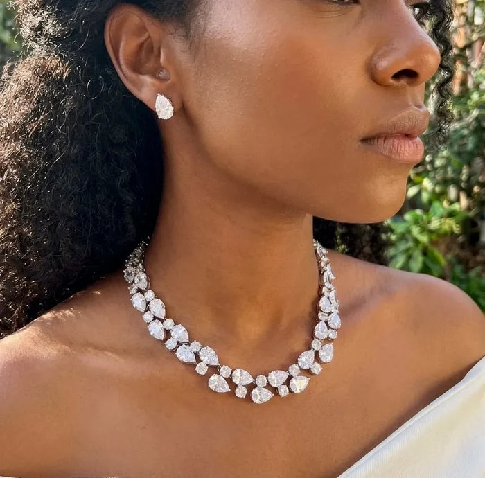 Statement CZ Bridal Necklace & Earring Set in Silver - Melody