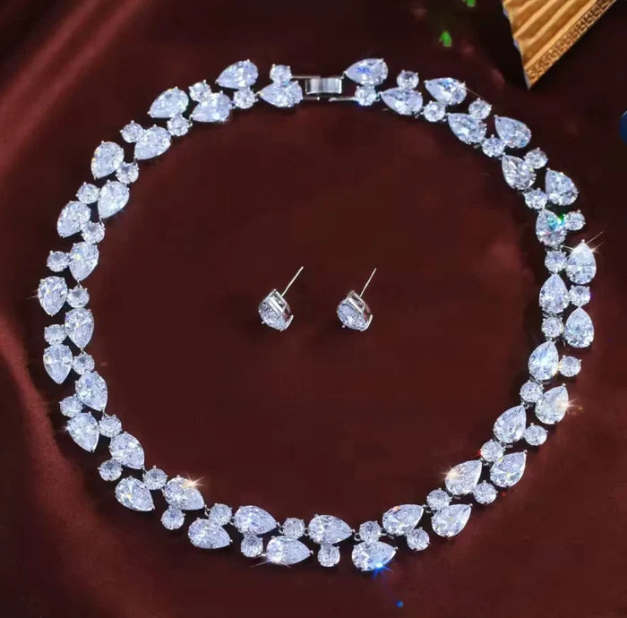 Statement CZ Bridal Necklace & Earring Set in Silver - Melody