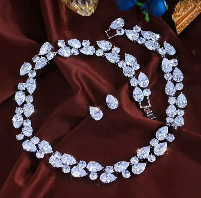 Statement CZ Bridal Necklace & Earring Set in Silver - Melody