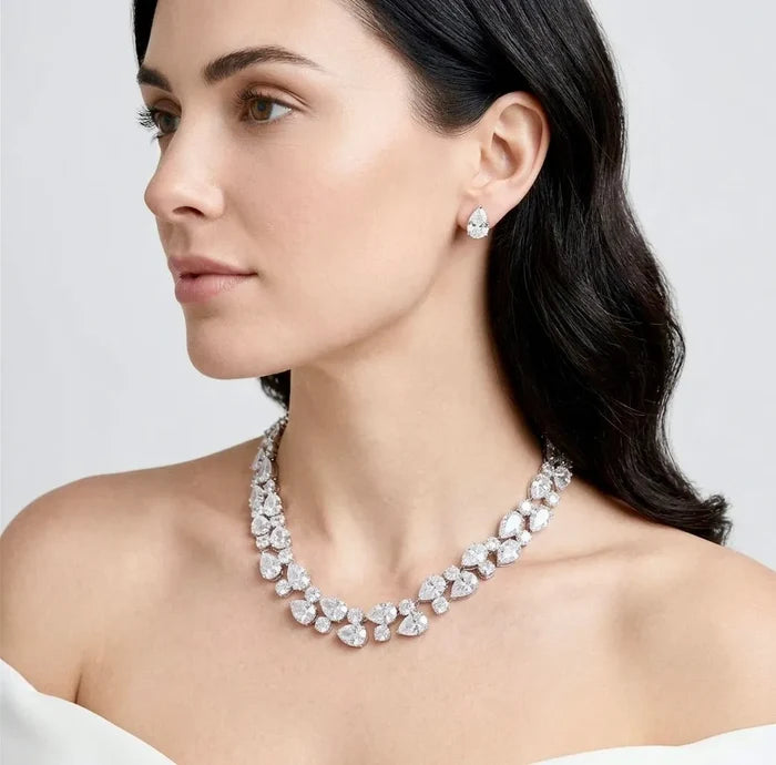 Statement CZ Bridal Necklace & Earring Set in Silver - Melody