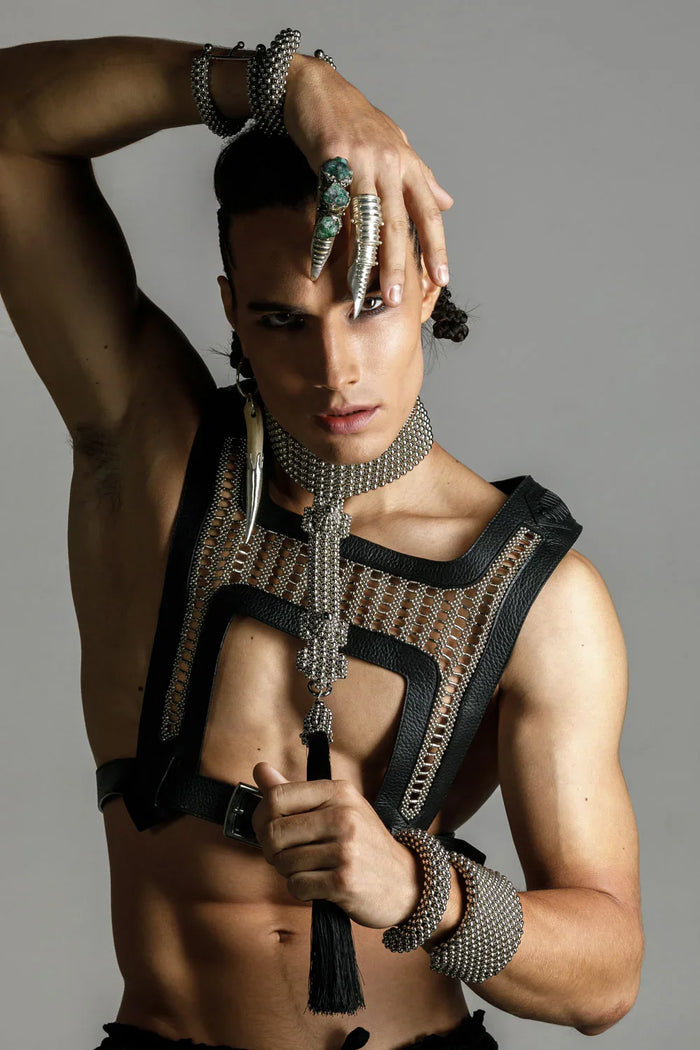 men wears elohim t-choker in silver with  yusuke harness silver by object and dawn
