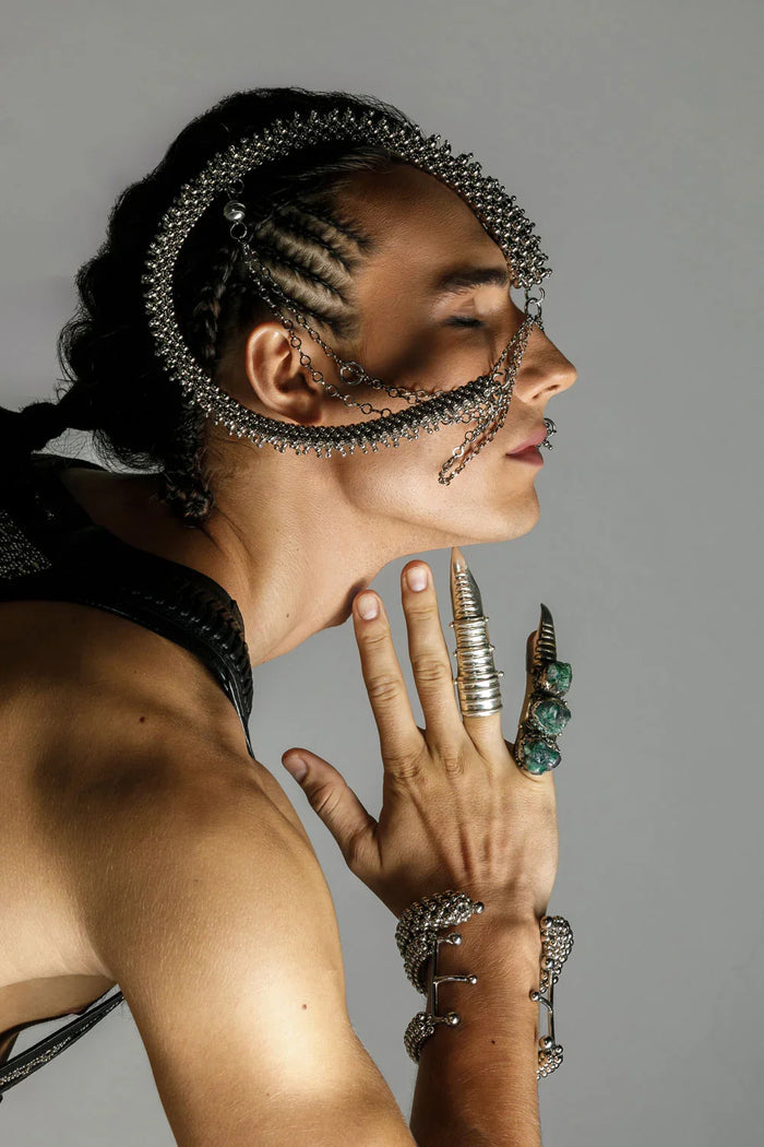 Object & Dawn beaded wrist accessory in ivory, structured supple cuff with polymer metal beads, ghost image backview
