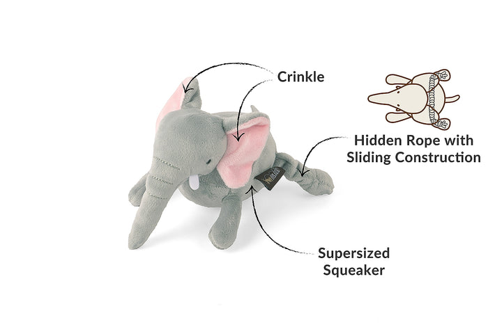 P.L.A.Y. Big Five of Africa gray elephant mini plush toy with features labeled on a white background