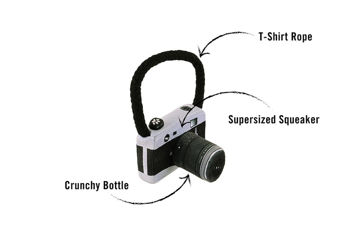 P.L.A.Y. Globetrotter Lens Licker Camera mini dog toy labeled with toy features on a white background