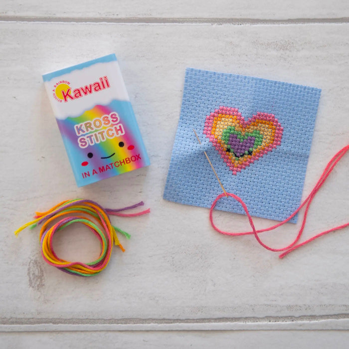 Mini Matchbox Cross Stitch Kit - Rainbow Heart-Stitched Modern