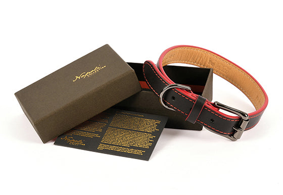 Napoli Collars by P.L.A.Y. - black and red collar with fancy brown gift box and info card shown