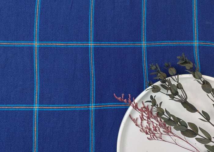 Navy Color 100% Linen Dobby Weave in Windowpane Check 7850 - The Linen Lab - Navy