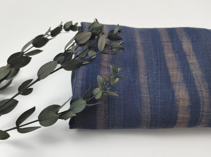 Navy Linen Nylon Fabric with Striped Print and Crease Effect 4262 - The Linen Lab - Navy