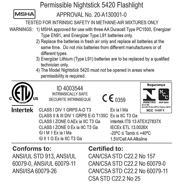 Intrinsically Safe Permissible Flashlight XPP-5420G
