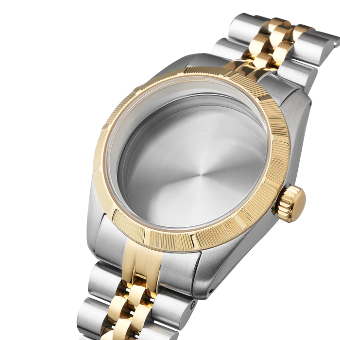 NMK952 36mm Engine Turned Bezel Dress Case Bundle: Two-Tone Finish