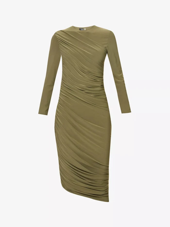 NORMA KAMALI Diana Ruched Long Sleeve Green Midi Dress - House Of Huntington