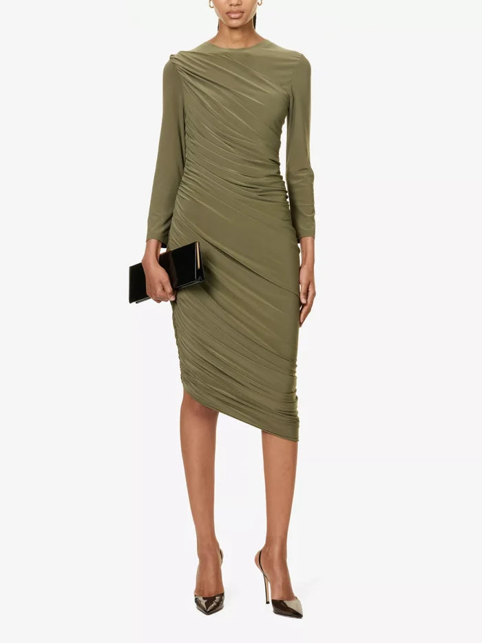 NORMA KAMALI Diana Ruched Long Sleeve Green Midi Dress - House Of Huntington