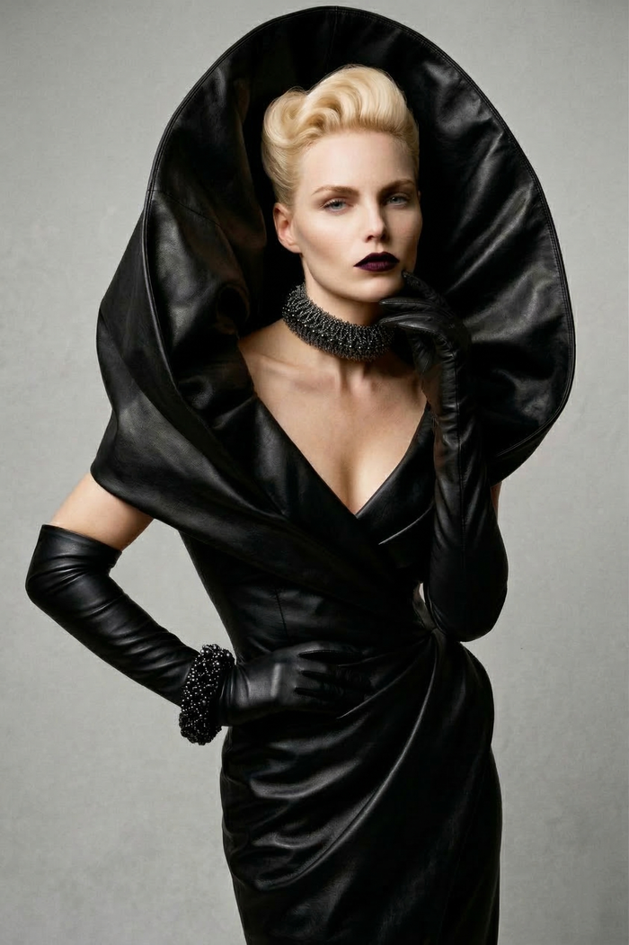woman in black glamour dress and long gloves wear Helios choker in jetblack by object&dawn