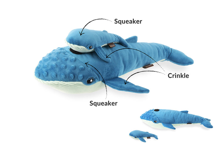 Play's Ocean Buddies Big Blue and Baby Blue plush whales toy with features labeled on a white background