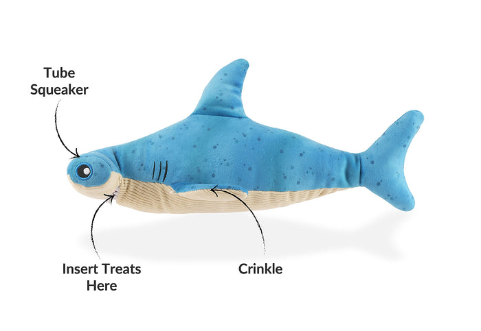 Play’s Ocean Buddies Bonk the Hammerhead, a blue shark-shaped toy side view with text indicating features on a white background