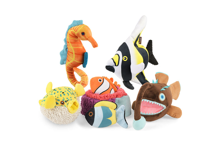 Play Ocean Buddies Collection featuring a set of colorful plush toys shaped like sea creatures on a white background