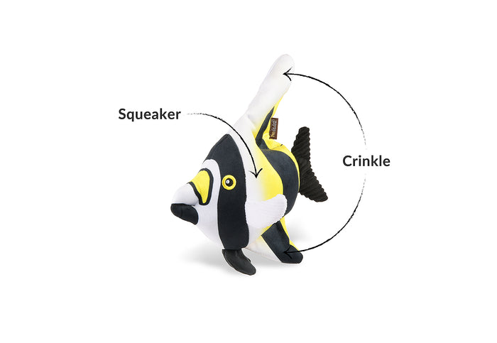 Play's Ocean Buddies Moorish Idol fish toy with labeled squeaker and crinkle features on a white background