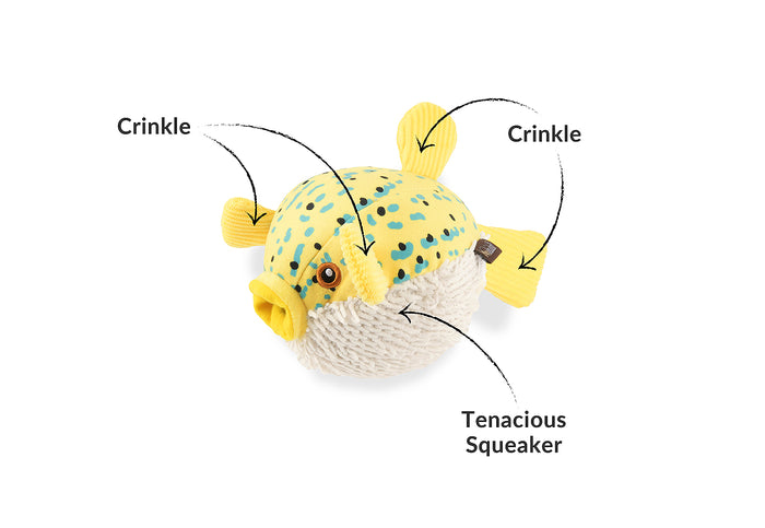 Play's Ocean Buddies Puffer yellow plush fish toy with crinkle and squeaker features labeled on a white background