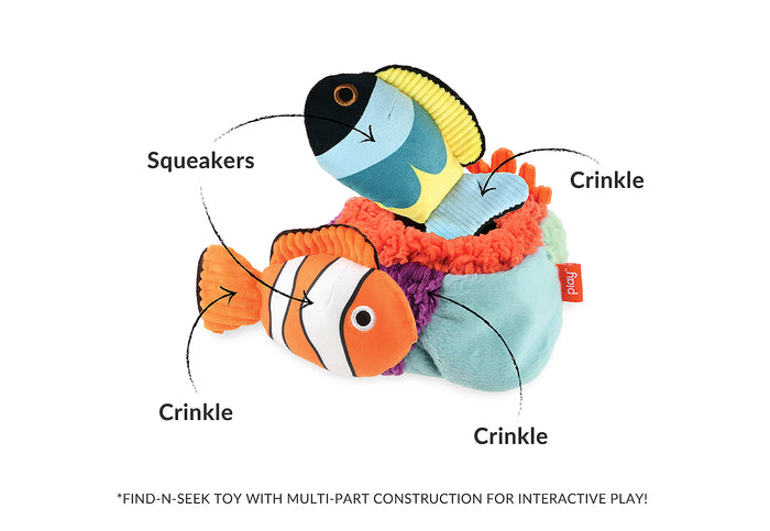 Play's Ocean Buddies Reef Retreat coral reef plush toy with features labeled on a white background