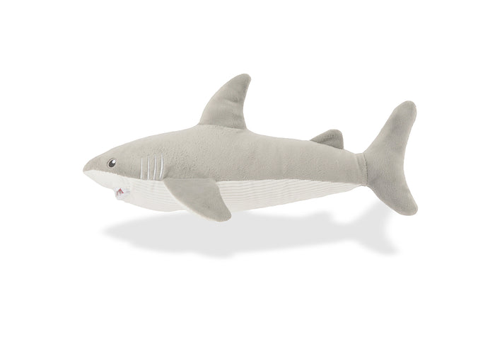 Play’s Ocean Buddies Great White Gabe plush shark toy on a white background side view