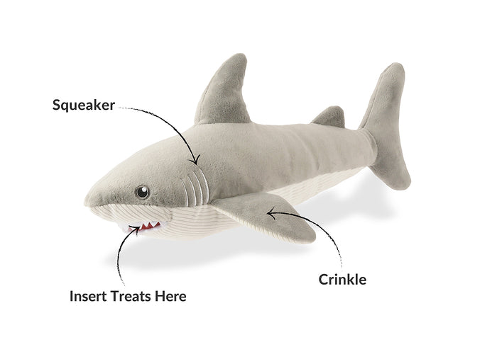 Play’s Ocean Buddies Great White Gabe plush shark toy with features labeled on a white background