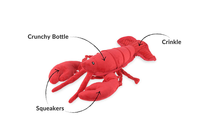 Play’s Ocean Buddies Lemmy the Lobster, a red plush lobster toy with labeled features on a white background