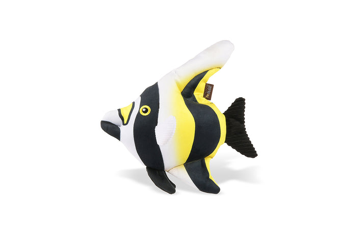 Play's Ocean Buddies Moorish Idol fish dog toy with black, white, and yellow colors on a white background
