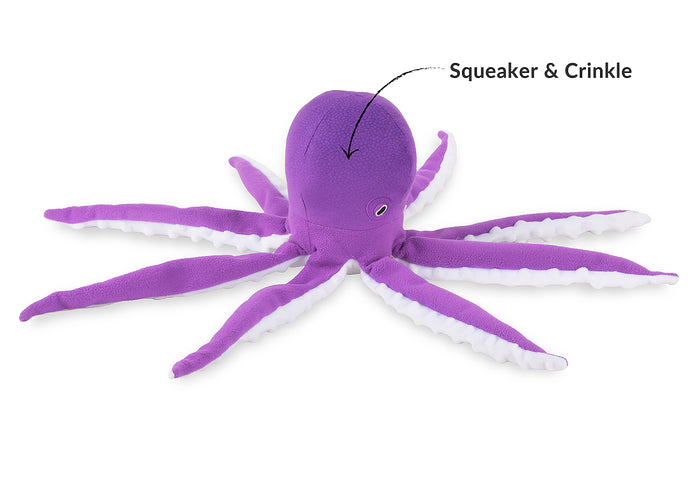 Play’s Ocean Buddies Opal the Octopus purple plush octopus toy with text indicating 'Squeaker & Crinkle' on a white background