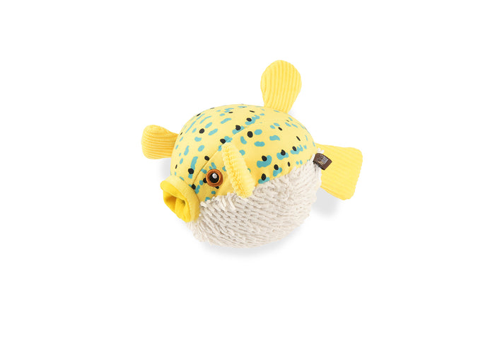 Play's Ocean Buddies Puffer Fish, a yellow and white plush toy on a white background