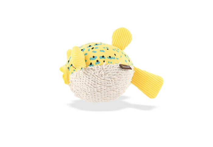 Play's Ocean Buddies Puffer Fish, a yellow and white textured ball toy side view on a white background