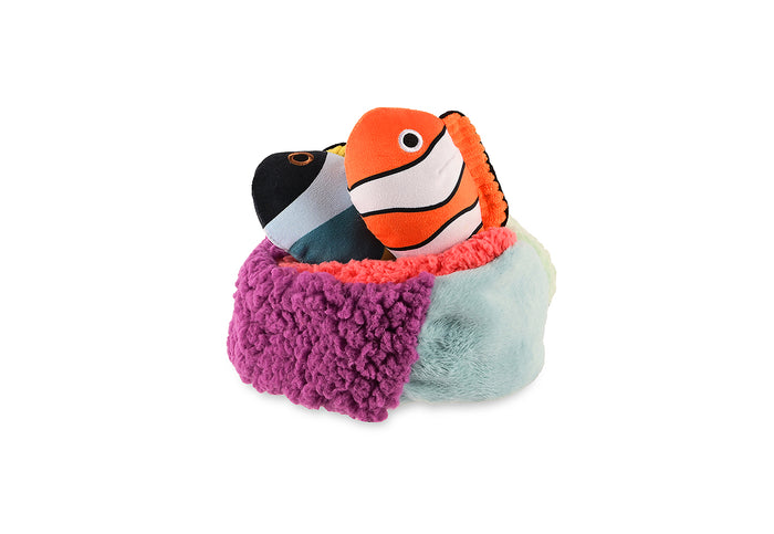 Play’s Ocean Buddies Reef Retreat with a two fish plush toys inside a coral reef design box on a white background