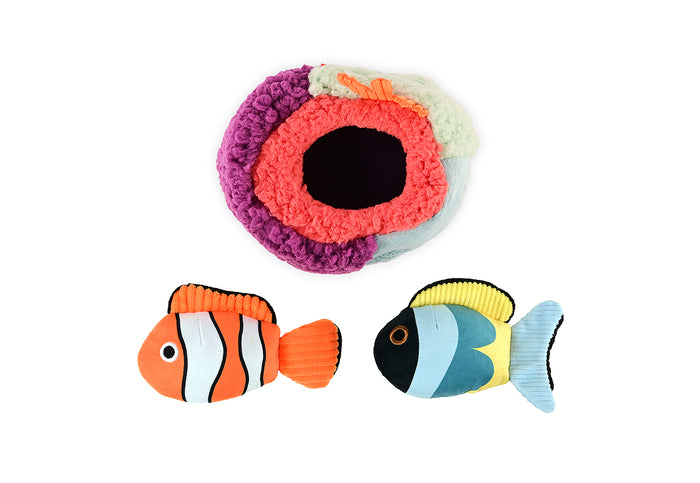 Play’s Ocean Buddies Reef Retreat, with two colorful fish-shaped toys and a reef round coral house on a white background