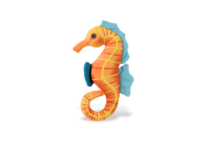Play's Ocean Buddies Seahorse dog toy with an orange body and blue accents on a white background