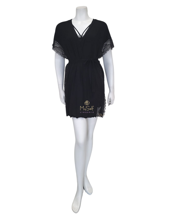 Oh! Zuza Black Flawless Lace Chemise & Wrap Set