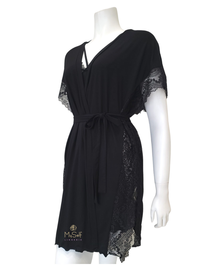 Oh! Zuza Black Flawless Lace Chemise & Wrap Set