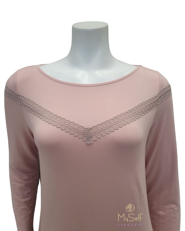 Oh! Zuza 3623 V Lace Trim Dusty Pink Modal Nightshirt myselflingerie.com