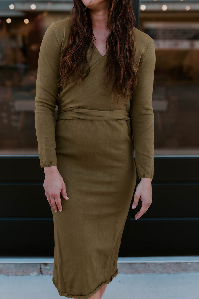 Olive Wrap Sweater Dress