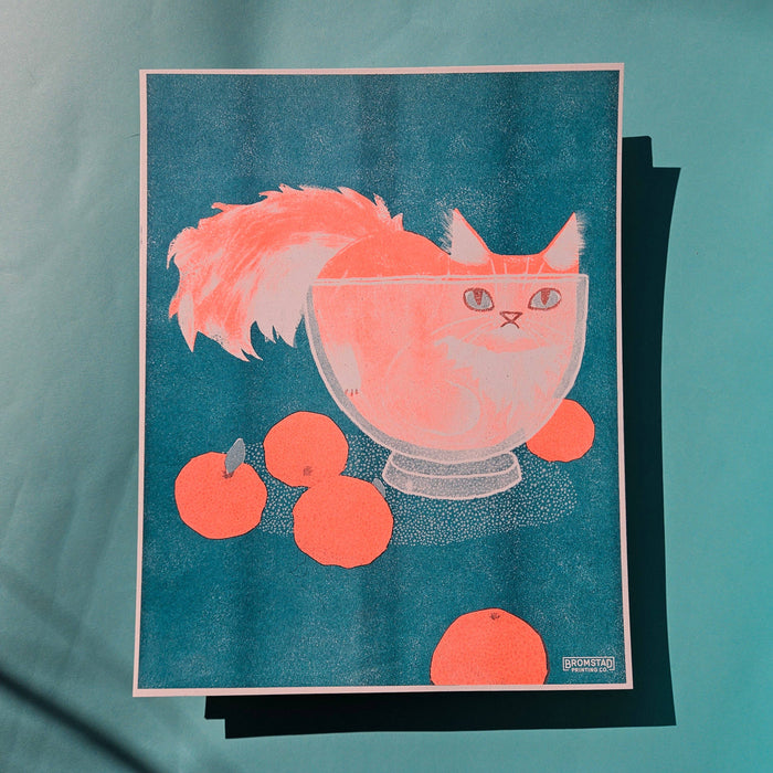 Orange Cat in a Bowl - Risograph Print