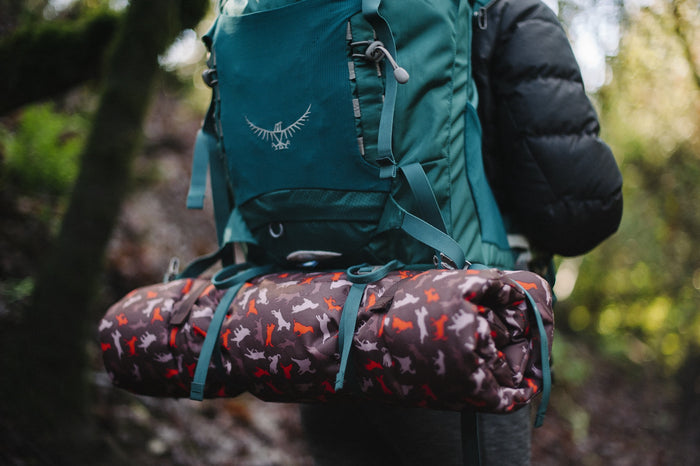 Scout & About Outdoor Chill Pad in Mocha strapped onto a hiking backpack being worn by a hiker