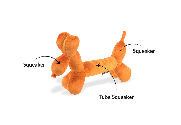 Play’s Party Animal Balloon Buddy dog toy with features labeled showing squeakers pointed out on a white background