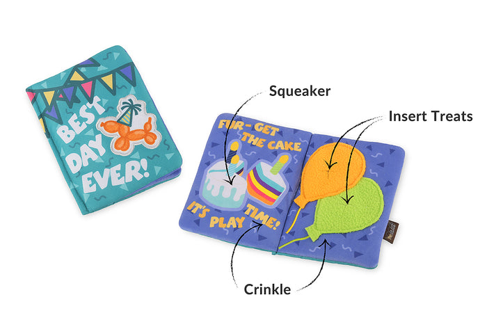 Play’s Party Animal Barkday Wishes birthday card dog toy with features pointed out on a white background