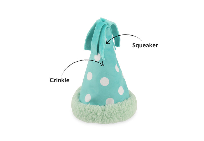 Play’s Party Animal Yappy Party Hat - a turquoise dog toy with polka dots showing features pointed out on a white background