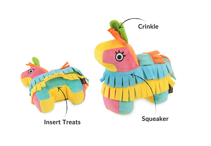 Play’s Party Animal Fiesta Fetch Piñata colorful donkey-shaped toy with features labeled on a white background