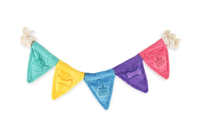 Play’s Party Animal Tug n’ Party Banner colorful dog toy back shown with different designs on a white background