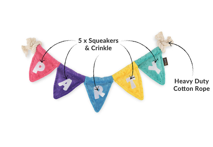 Play’s Party Animal Tug n’ Party Banner colorful dog toy with text indicating features like '5 x Squeakers & Crinkle' and 'Heavy Duty Cotton Rope' on a white background.