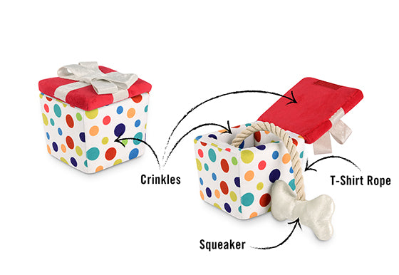 P.L.A.Y. Party Time Pawfect Present Toy features shown