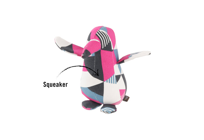 P.L.A.Y. Upcycled Zoo Pal Penguin plush toy with the squeaker pointed out with an arrow on a white background